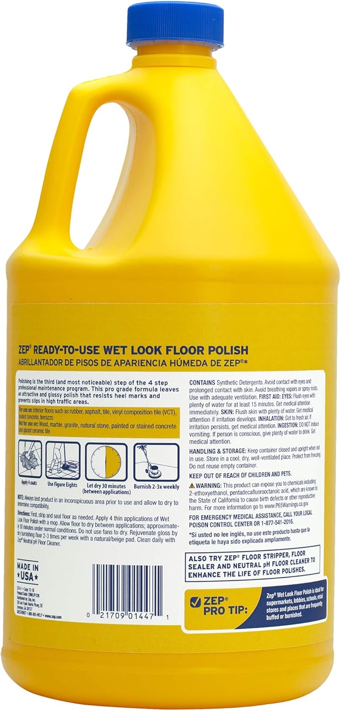 Zep Commercial Wet-Look Floor Polish, 4-1 Gallon Bottles, Protects Against Spots, Stains and Scuffs, Slip-Resistant High Gloss Finish (ZUWLFF128)