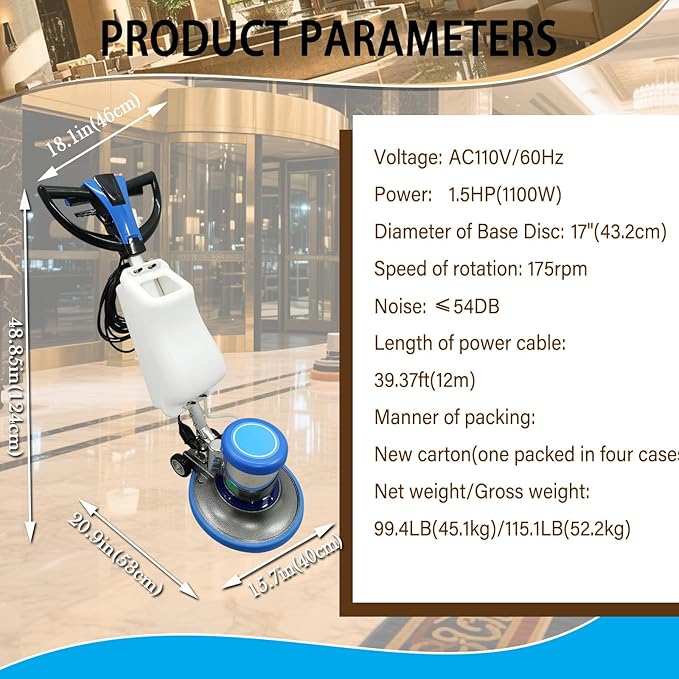 Commercial Industrial Floor Scrubber Polisher 17" Heavy-Duty Buffer Machine for Hardwood, Marble, Epoxy & Carpet 1100W Low-Noise Floor Cleaning & Waxing Machine 110V