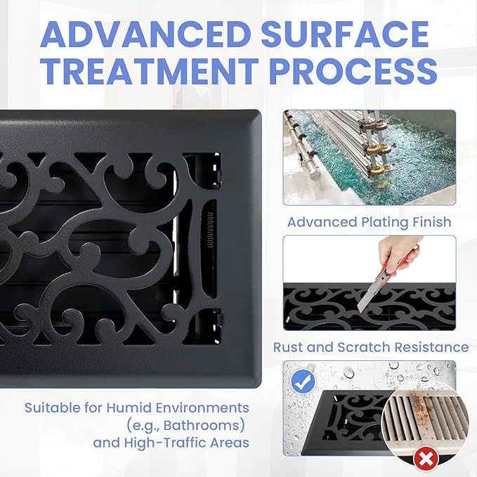 4x10 Inches 2 Pack Heavy Duty Walkable Floor Register - Easy Adjust Air Supply Lever Decorative Floor Vent Covers - Savannah Design Vent Covers for Home - Matte Black