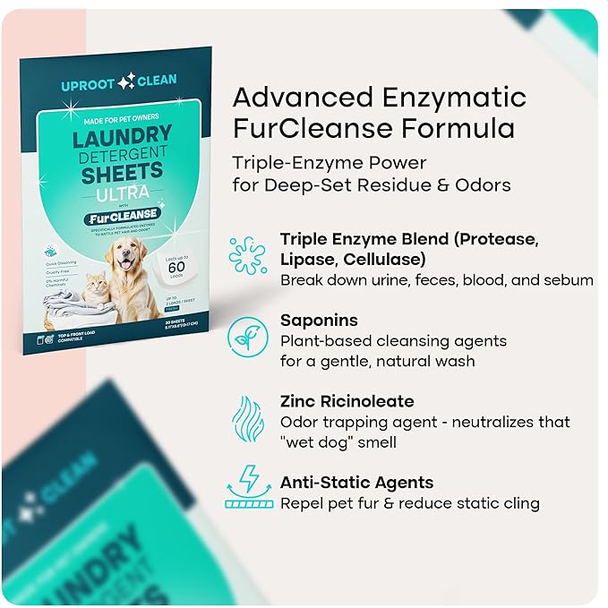 Uproot Clean Laundry Sheets Ultra - 90 Pack - Fresh Scent: Extra-Large Enzyme-Powered Laundry Detergent Sheets Made in USA - Eliminate Clinging Fur, Pet Odors, & Messy Residue - Up to 180 Loads