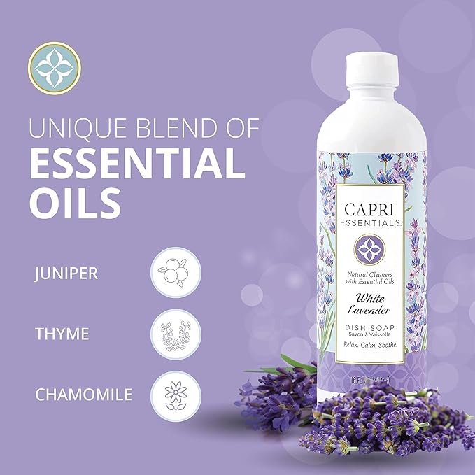 CAPRI ESSENTIALS Dish Soap Liquid, Natural Household Cleaning, Plant Based Aromatic Dish Detergent, Blend of Essential Oils with Juniper & Chamomile, White Lavender, 16 FL OZ (3 Pack)