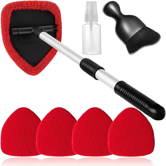 7pcs Windshield Cleaner Tool Car Window Cleaning Wash Kit with 4 Reusable Microfiber Pads 1 Spray Bottle and Extendable Handle Auto Glass Wiper Kit, Red