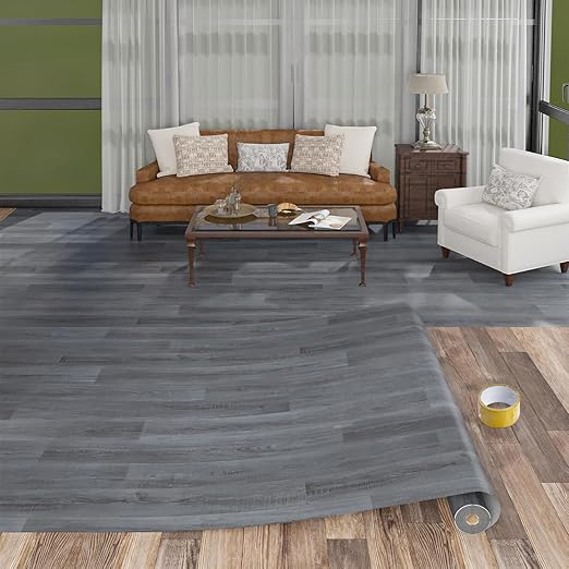 Freshtour Vinyl Flooring Roll, Versatile Removable PET Leather-Like Floor Covering, Waterproof & Durable, Easy Tape Installation, Cost-Effective for Any Room, Dark Grey Oak/ 107 Sq.ft (39.3" x 393.7")