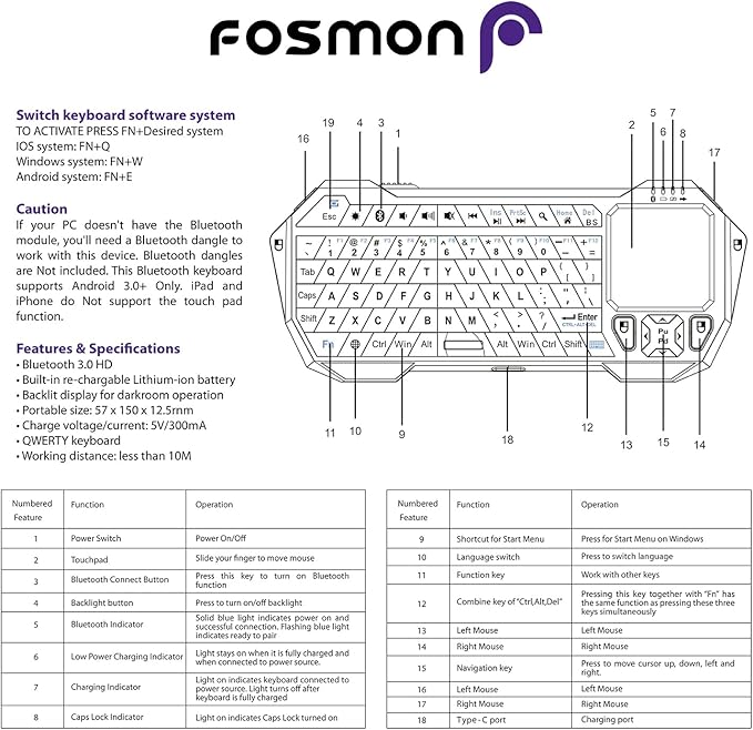 Fosmon Mini Bluetooth Keyboard (QWERTY Keypad), Wireless Portable with Touchpad, Compatible with Apple TV, Amazon Fire Stick, PS4, PS4 Pro, PS5, HTPC/IPTV, VR Glasses, Smartphones