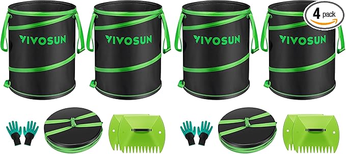 VIVOSUN 47-Gallon Collapsible Garden Bag, Yard Waste Bin with Hard-Shell Bottom, Leaf Scoops and Gloves, Collapsible Yard Waste Containers for Lawn Care and Camping, 4-Pack