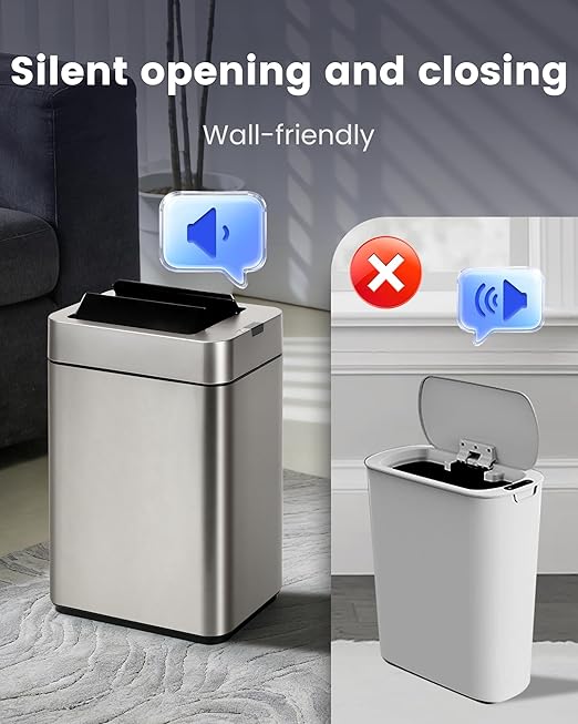 ELPHECO Bathroom Trash Can with Lid 2.6 Gallon Smart Trash Can Slim Motion Sensor Garbage Can Automatic Stainless Steel Wastebasket Bathroom Decor for Bedroom Office Toilet Silver