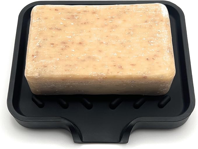 Happitasa Silicone Soap Dish Tray and Sponge Holder with Drain Chute and Feet | 3-Way Sloped Design | Bathroom and Kitchen Sink Organizer Caddy (Smoky Blue, 5"x4")