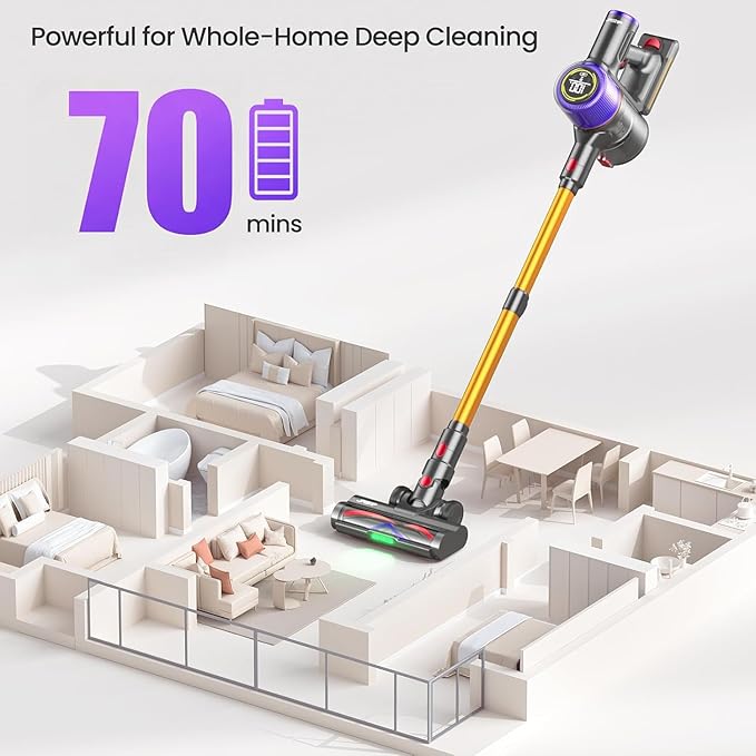 Cordless Vacuum Cleaner, 650 W/ 55000 Pa/ 70 Mins Vacuum Cleaners for Home,with Touchscreen and Anti-Tangle Brush, Vacuum Cleaner 1.5 L Dust Container, 9-in-1 for Hard Floors, Carpets and Pet Hair