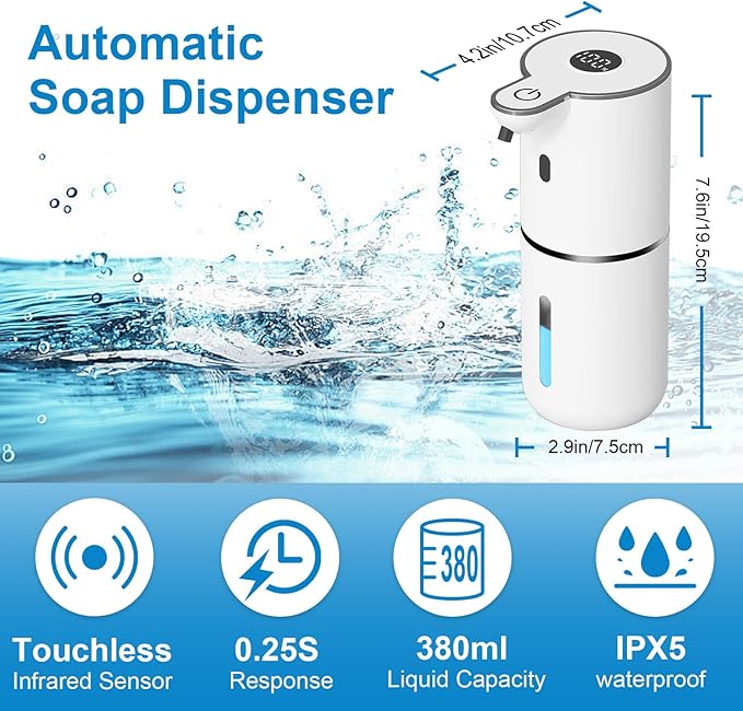 Automatic Liquid Soap Dispenser Touchless, USB Rechargeable Smart Hand Soap Dispenser, 6-Level Adjustable, 12.8oz/380mL Wall Mounted for Bathroom Kitchen Dish Soap-White