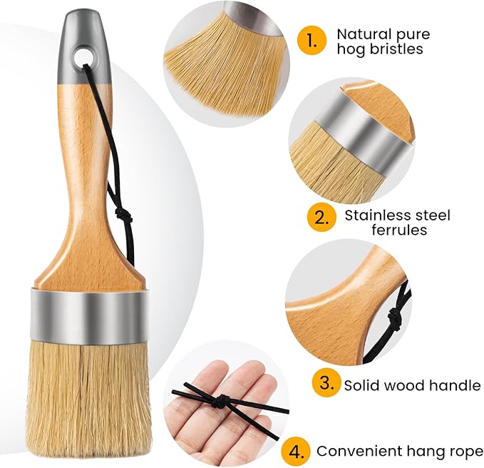 Chalk Paint Brush, Wax Paint Brush Set of 5, Wax Brushes and Chalk Paint for Furniture DIY Art Crafts, Natural Bristle Round Oval Brush for All Painting and Waxing