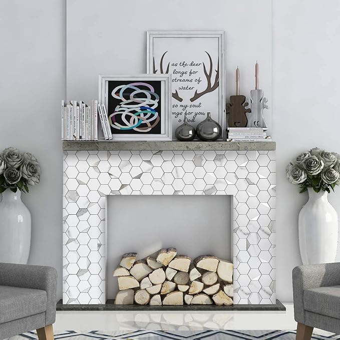 DICOFUN 10-Sheet Hexagon Tile Peel and Stick Backsplash, White Marble Look PVC Mixed Silver Metal Mosaic Tiles for Kitchen and Bathroom