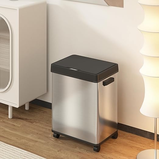 Motion Sensor Trash Can, Automatic Trash Cans Touchless, 13 Gallon 50 Liter Stainless Steel Garbage Cans for Kitchen Living Room with Odor Control & Wheels, Soft-Closing, Stay Open Lid
