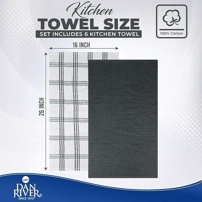 DAN RIVER Premium Kitchen Towels - [Pack of 6] 100% Cotton (16x 26 Inches) -Super Soft,Highly Absorbent, Quick Dry, Dish Towels for Kitchen Towels - Grey