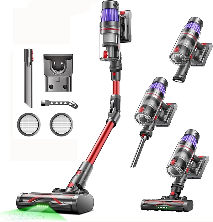 Ultenic Cordless Vacuum Cleaner, 550W/50Kpa, 60Mins Runtime, Stick Vacuum Cordless with 180°Bendable Wand, Anti-Tangle Brush, Vacuum Cleaners for Home/Pet Hair/Carpet/Floor (Red)