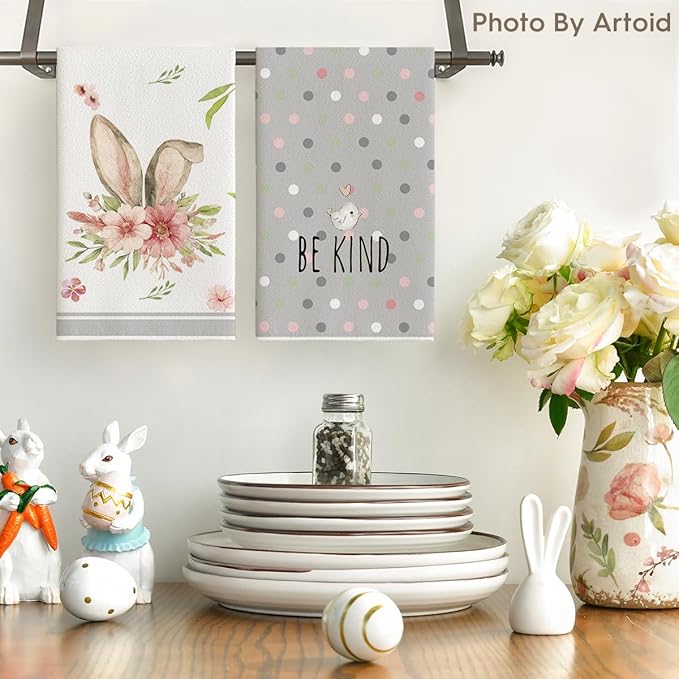 Artoid Mode Grey Bunny Rabbit Ears Floral Leaves Easter Kitchen Towels Dish Towels, 18x26 Inch Be Kind Seasonal Decoration Hand Towels Set of 4