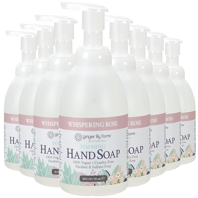 Ginger Lily Farms Botanicals All-Purpose Foaming Hand Soap Refill, 100% Vegan & Cruelty-Free, Whispering Rose Scent, 20 Fl Oz (Pack of 8)