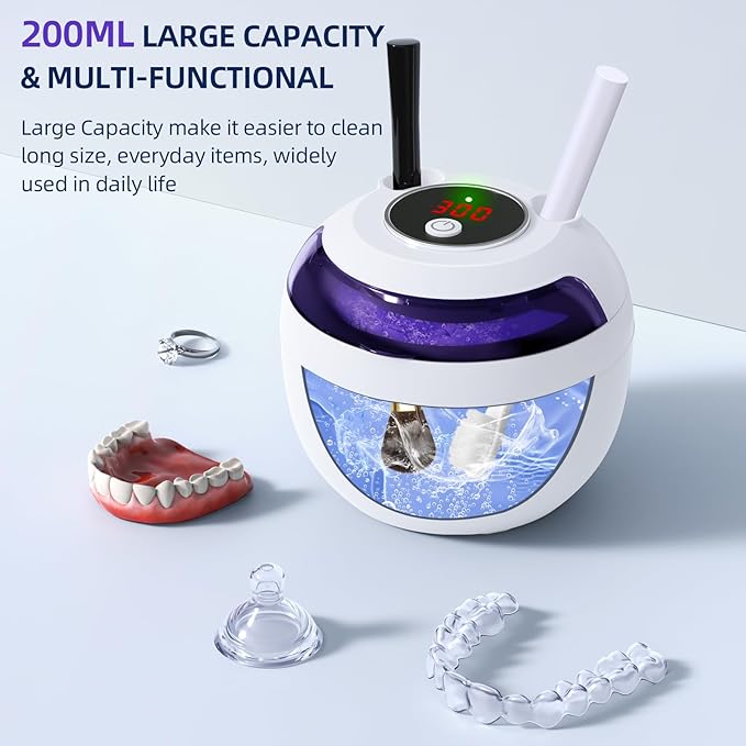 Retainer Cleaner, 45kHz Ultrasonic Retainer Cleaner Machine with 200ML Capacity & 4 Modes for Dentures, Aligners, Mouthguards, Retainers, Jewelry and Denture Appliances, White