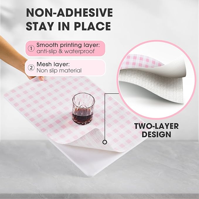 Drawer and Shelf Liner, Non-Slip Kitchen Cabinet Liners Non-Adhesive Thick Strong Grip Waterproof Washable Mats Protect Dresser Shelves Cupboard Bathroom Cabinets, Pink Plaid, 18 in X 20 FT