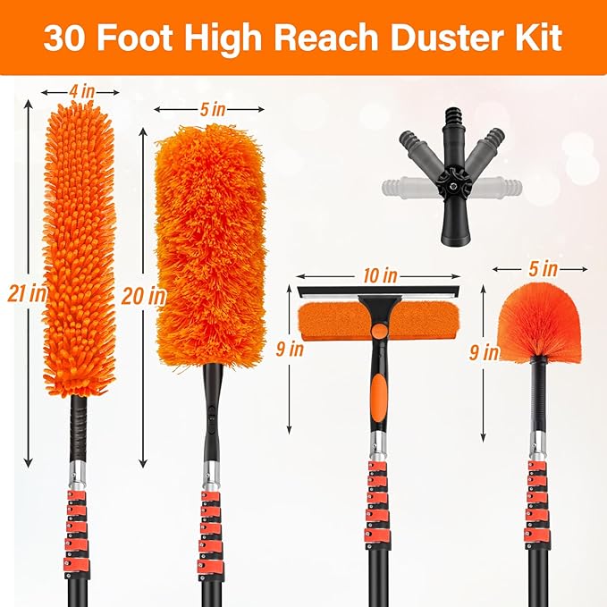 30FT Telescoping Window Squeegee Kit | 2-in-1 Professional Window Washer & Microfiber Scrubber with Extension Pole | High Reach Cleaning Tool for Outdoor, Indoor Windows & Glass