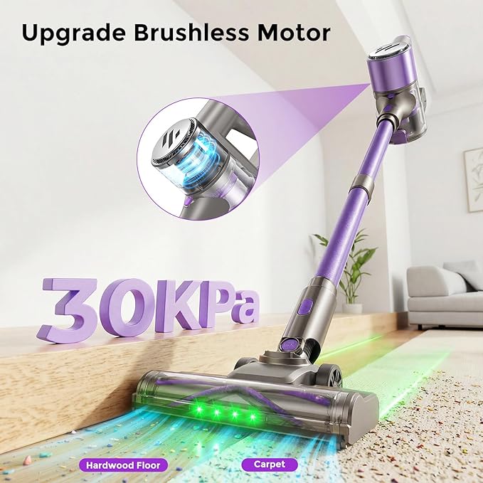 Cordless Vacuum Cleaner,Vacuum Cleaner for Home with Brushless Motor,Lightweight Stick Vacuum with Self-Standing and Touch Screen,Hardwood Floor Vacuum for Pet Hair,Carpets,Tile(Purple)