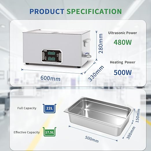 DK SONIC Professional Ultrasonic Cleaner 22L, 480W Heavy-Duty Sonic Cleaner with Timer,Heater&Touch Control, Multi-Application for Motorcycle Engines, Carburetors, Chains (Include Basket)