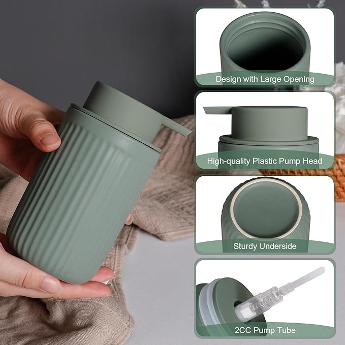 INGOFIN Ceramic Lotion Dispenser - 12oz Refillable Hand Soap Dispenser Bathroom, Modern Liquid Soap Dispenser with Pump, Dish Dispenser for Kitchen, Sage Green