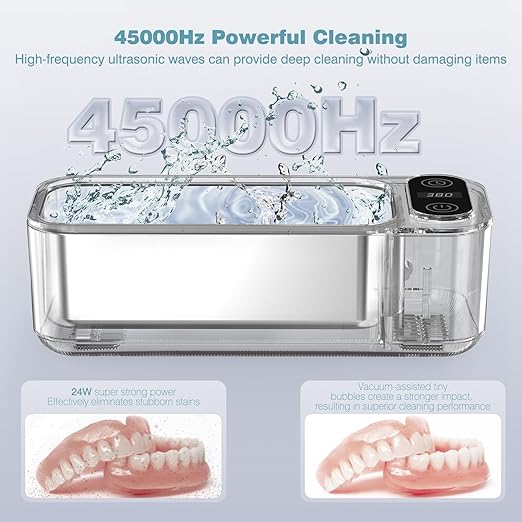 AI Ultrasonic Jewelry Cleaner Retainer Rings Dentures 23OZ (680ML) 360° Deep Cleaning 45KHz Professional Ultrasonic Glasses Cleaner with 5 Digital Timer and Watches Stand 304 Stainless Steel Tank