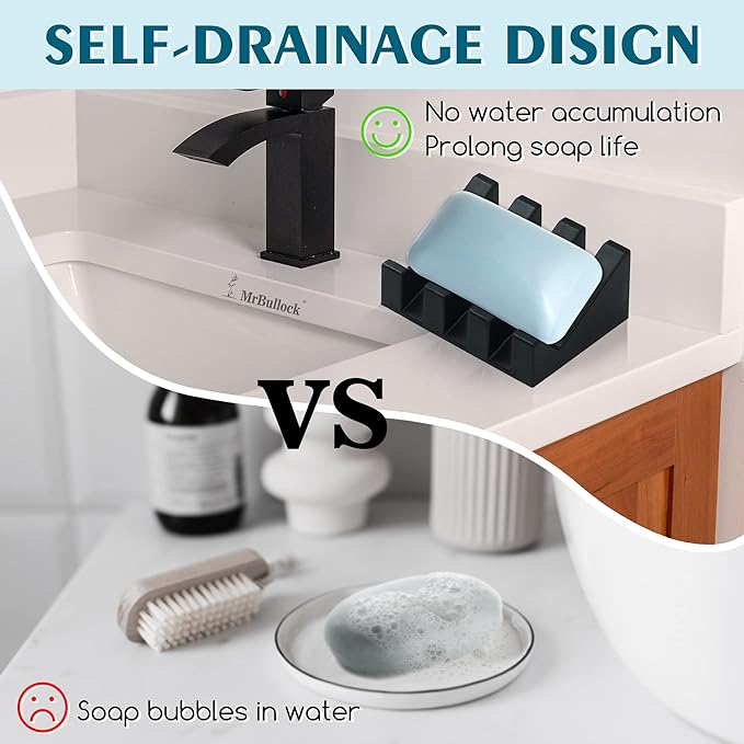Silicone Soap Dish for Bar Soap Holder for Shower Bathroom Self Draining Waterfall Drying Tray Keep Soap Bars Dry Clean & Easy Cleaning (White+Black, 2)