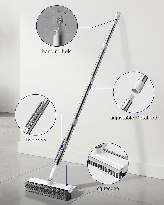 Small Floor Scrub Brush with Length Adjustable Long Handle, 3 in 1 Heavy-Duty Stiff Bristle Scrubber Brush with Squeegee and Tweezer for Cleaning Bathroom, Tile, Deck, Patio, Garage and Kitchen