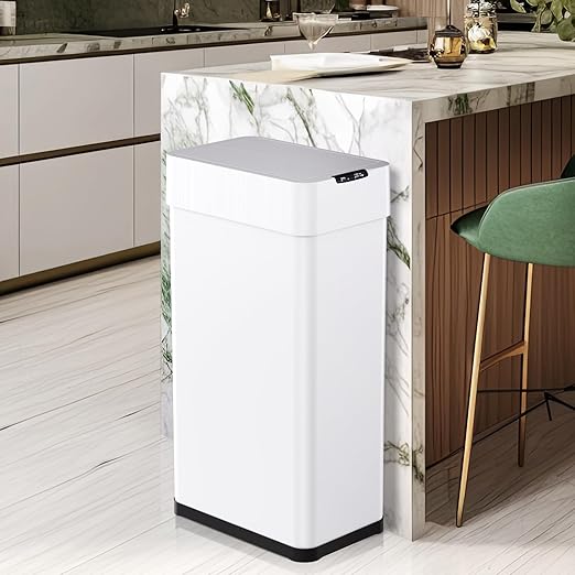 Arlopu 21.1 Gal Automatic Trash Can, 80L Stainless Steel Motion Sensor Garbage Bin, Touchless Brushed Wastebasket, W/Butterfly, Soft-Close Lid, for Living, Dinning Room, Kitchen (White)