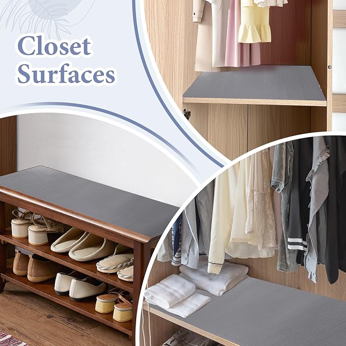 Drawer and Shelf Liner for Kitchen Cabinet: 17 in X 20 Ft Non Slip Waterproof Shelf Paper Non Adhesive Refrigerator Liners Gray Easy Liners for Bathroom Cupboard with Knife Tape Measure