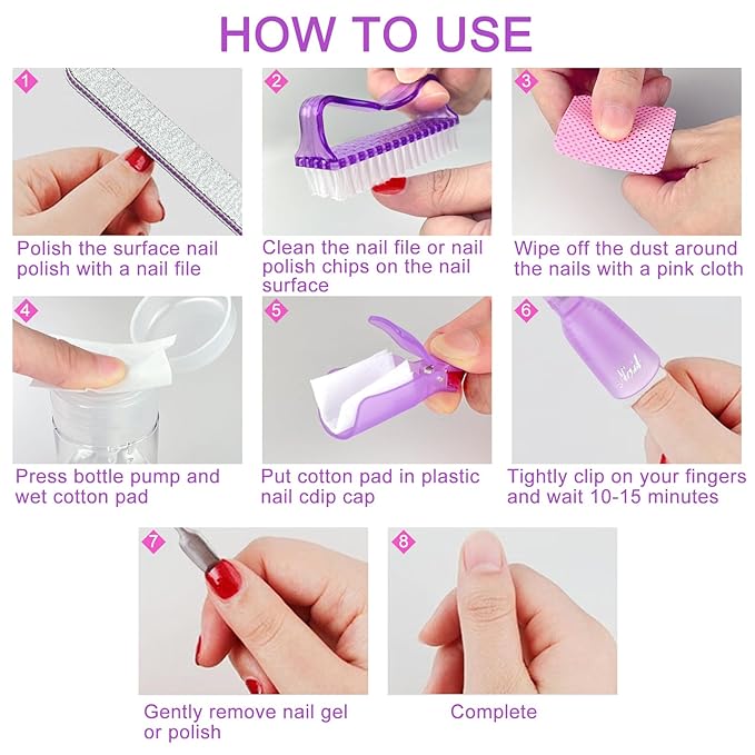 Eyxformula Gel Polish Remover Kit - 10 Toenail Clips, 10 Finger Nail Soak Off Clips, 400 Lint Free Wipes, 2 Nail Files, 120 Ml Push Down Pump Dispenser Bottle, Cuticle Pusher & Peeler, Cleaning Brush