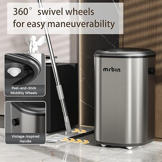MRBIN Stainless Steel Motion Sensor Tall Bathroom Trash Can with Lid, 5 Gallon Automatic Kitchen Garbage Pail, Electric Covered Silver Metal Waste Basket for Bedroom, Rv, Restroom, Eclipse Grey