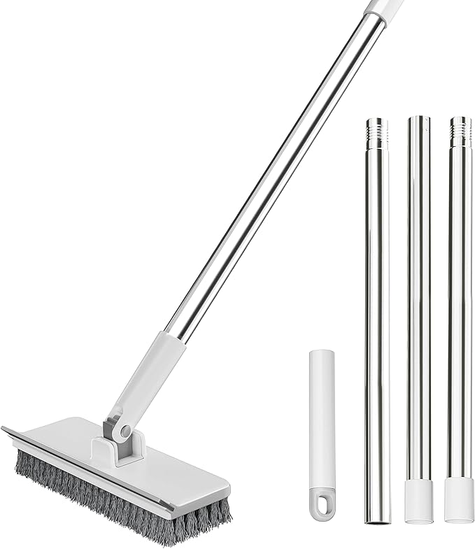 Floor Scrub Brush with 55" Long Handle, 2-in-1 Floor Brush with Built-in Squeegee, Adjustable Angle Head and Stiff Bristles for Tile, Wood, Concrete & Textured Floor Cleaning