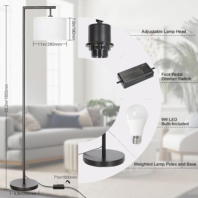 Boncoo Black Floor Lamp, Dimmable Floor Lamp for Living Room, Modern Standing Lamp with Adjustable Drum Shade, Tall Reading Light Corner Lamp Suitable for Couch, Bedroom, Office (Bulb Included)