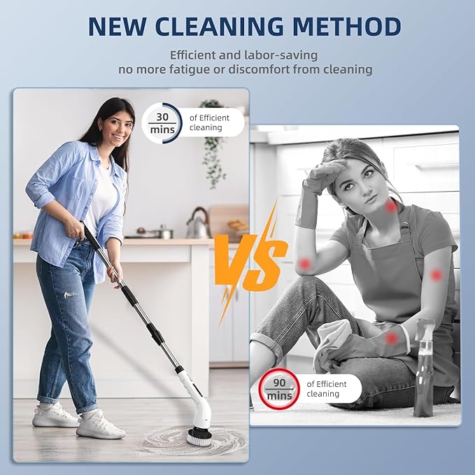 Electric Spin Scrubber Bathroom - Adjustable Handle Cordless Shower Scrubber, 2 Speeds, Bathroom Scrubber with 8 Replaceable Brush Heads, Power Scrubber for Bathtub Cleaning