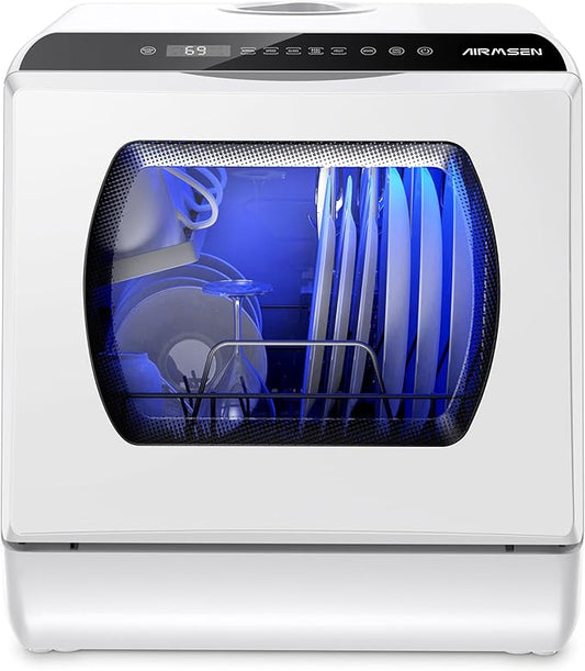 AIRMSEN Portable Countertop Dishwashers, 5 Washing Programs Mini Dishwashers with 5 L Built-in Water Tank and Double-layered Glass Door, No Hookup Needed for Home, Apartments & RVs