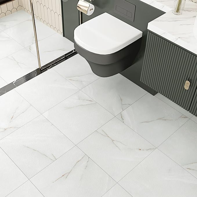 LIKILIKI White/Gray Marble Peel and Stick Floor Tile for Bathroom Waterproof Marble Vinyl Flooring Tiles Stick on Floor Tiles Removable Thick Flooring Tile for Bedroom Kitchen Living Room 5PCS 12"x12"