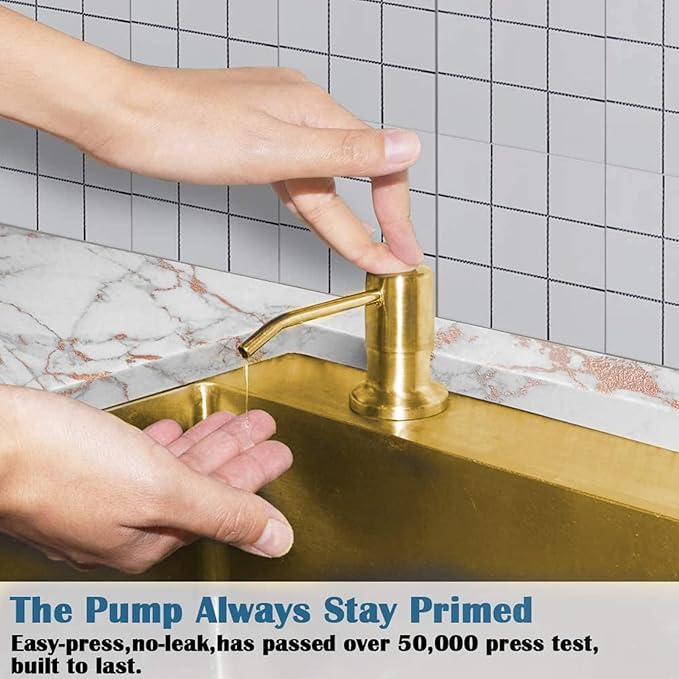 Soap Dispenser for Kitchen Sink (Gold),Built in Design Sink Soap Dispenser, Refill from The Top, Stainless Steel Kitchen Soap Pump with 10 fl.oz Bottle (300ml)