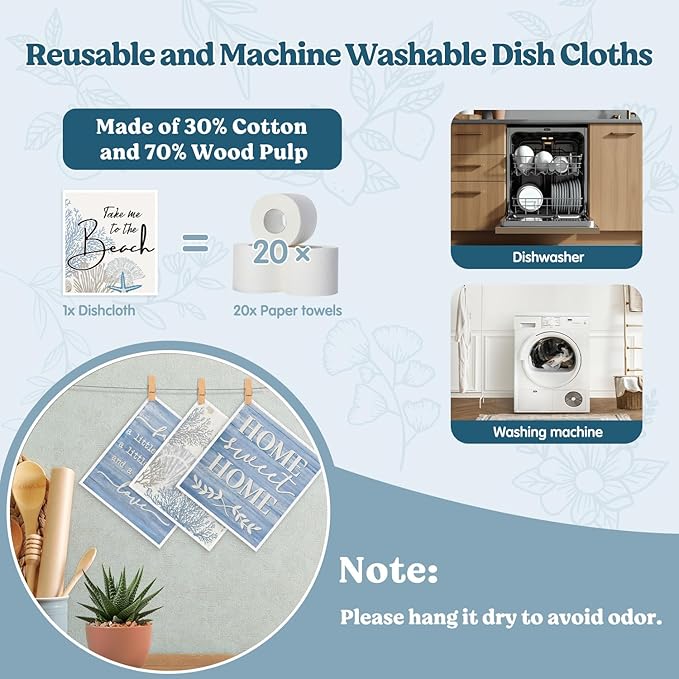 Swedish Dishcloths for Kitchen, Summer Coastal Ocean Kitchen Dish Towels for Washing Dishes, 4 Pack Reusable Paper Towels, Home Sweet, Sponge Cloths for Cleaning Home Kitchen Decor