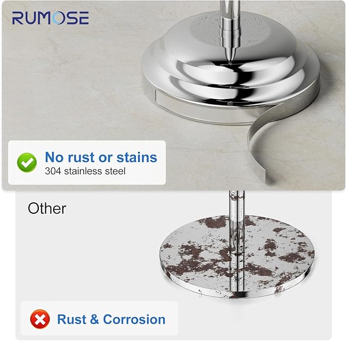 RUMOSE Toilet Paper Holder Stand for Floor, Polished Chrome Bathroom Free Standing Toilet Tissue Roll Holder with Storage, Adjustable 17-25 Inch, SUS304 Stainless Steel