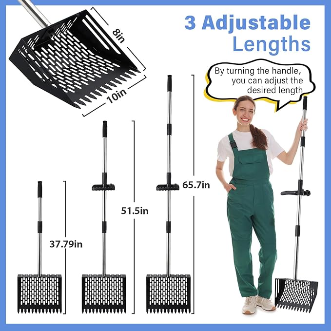 2-in-1 Chicken Poop Scooper & Rake, 10 Inch Coop Sand Sifting Shovel with 37" to 65" Adjustable Stainless Steel Handle, Litter Cleaning Tools with Gloves for Chicken Coop Farm Animals (Black)