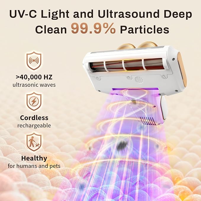 Cordless Mattress Vacuum Cleaner, 16kpa Bed Vacuum Cleaner with 253.7nm Uv-C Light & Ultrasonic Tech Dual Bins for Dust & Widen Suction Port 120w for Bed Sofa & Pet Hair