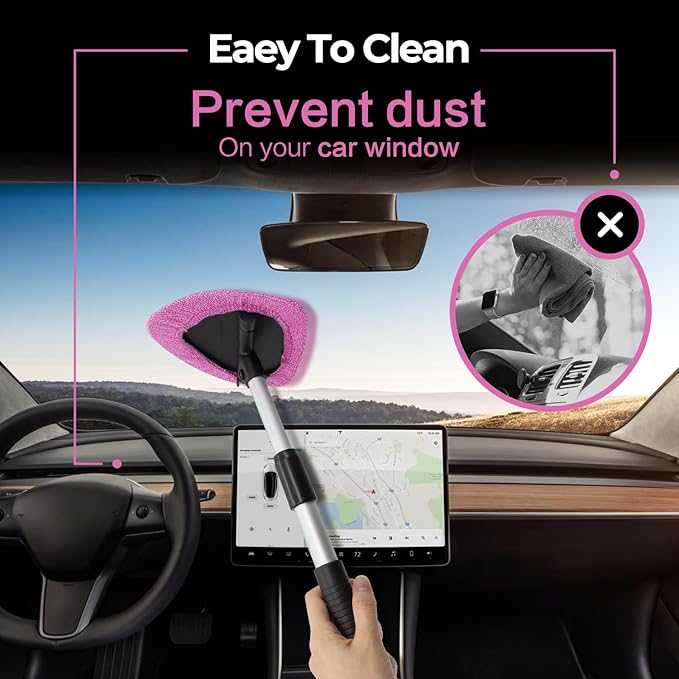 Windshield Cleaner Tool 22.5" L - Car Interior&Exterior Window Cleaning Kit with Extendable Handle&4 Microfiber Pads and Thick Large Wash Sponge, Auto Glass Wiper Brush Kit for Cars Home (7pcs Pink)