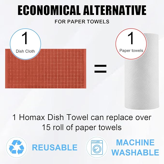 Homaxy 100% Cotton Terry Kitchen Towels(Rust, 13 x 28 inches), Checkered Designed, Soft and Super Absorbent Dish Towels, 12 Pack