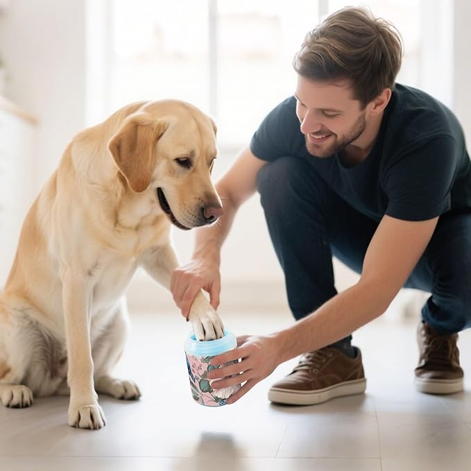 Dog Paw Cleaner Cups for Dogs Pets Foot Washer Paw Scrubber for Medium Small Dogs Cats Cleaning Cup Sea Turtles and Pink Hibiscus