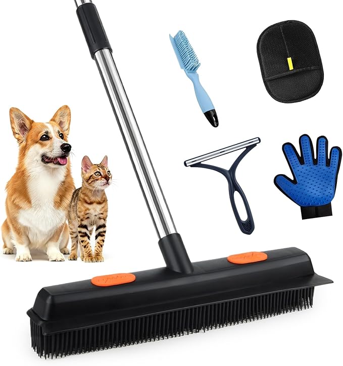 Carpet Rake for Pet Hair Removal, 5 in 1 Reusable Pet Hair Removal Tool Kit, Cat & Dog Hair Carpet Rake, Adjustable Long Handle Pet Hair Removel Tool, Pet Hair Broom for Carpet, Rugs, Mats, Furniture