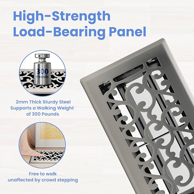 4x8 Inches Heavy Duty Walkable Floor Register - Easy Adjust Air Supply Lever Decorative Floor Vent Covers, Savannah Design Vent Covers for Home - Satin Nickel