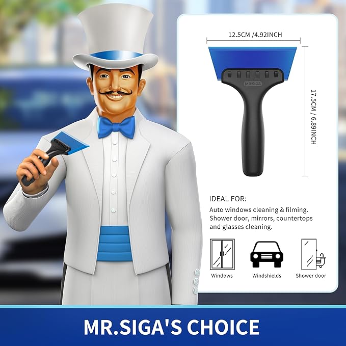 MR.SIGA 2 in 1 Mini Glass Squeegee with Built-in Ice Ripper, 5 Inch Blade, 2 Pack for Tile, Glass, Mirror, Shower, Window Tint, Car