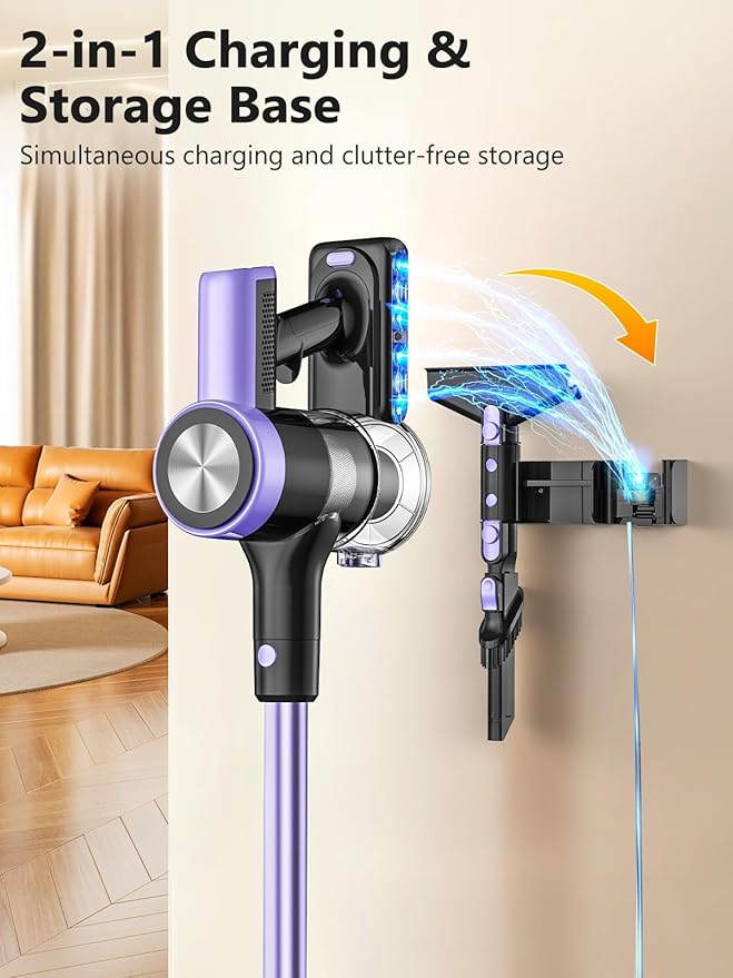 Cordless Vacuum Cleaner, 46KPa/500W Stick Vacuum with 55 Mins Runtime, Self-Standing Vacuum Cleaner for Home, LED Display, Anti-Tangle Brush, Rechargeable Vacuum for Hardwood Floor, Pet Hair (Purple)